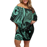 Hawaiian Manta Rays Off Shoulder Short Dress Tribal Hibiscus Polynesian Tattoos Turquoise Color - Polynesian Pride