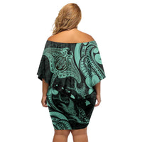 Hawaiian Manta Rays Off Shoulder Short Dress Tribal Hibiscus Polynesian Tattoos Turquoise Color - Polynesian Pride