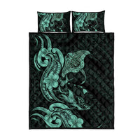 Hawaiian Manta Rays Quilt Bed Set Tribal Hibiscus Polynesian Tattoos Turquoise Color - Polynesian Pride