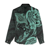 Hawaiian Manta Rays Women Casual Shirt Tribal Hibiscus Polynesian Tattoos Turquoise Color - Polynesian Pride