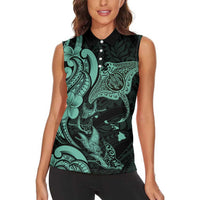 Hawaiian Manta Rays Women Sleeveless Polo Shirt Tribal Hibiscus Polynesian Tattoos Turquoise Color - Polynesian Pride