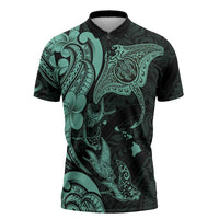 Hawaiian Manta Rays Zipper Polo Shirt Tribal Hibiscus Polynesian Tattoos Turquoise Color - Polynesian Pride