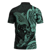 Hawaiian Manta Rays Zipper Polo Shirt Tribal Hibiscus Polynesian Tattoos Turquoise Color - Polynesian Pride