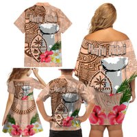 Guam Seal and Latte Stone With Ethnic Tapa Pattern Family Matching Off Shoulder Short Dress and Hawaiian Shirt Peach Fuzz Color LT03 - Polynesian Pride