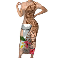 Guam Seal and Latte Stone With Ethnic Tapa Pattern Family Matching Short Sleeve Bodycon Dress and Hawaiian Shirt Peach Fuzz Color LT03 Mom's Dress Peach Fuzz - Polynesian Pride