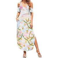 Hawaiian and Japanese Culture Together Family Matching Summer Maxi Dress and Hawaiian Shirt Tribal Motifs with Lei and Japanese Sakura Pattern LT03 Mom's Dress White - Polynesian Pride