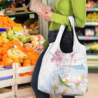 Hawaiian and Japanese Culture Together Grocery Bag Tribal Motifs with Lei and Japanese Sakura Pattern