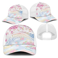 Hawaiian and Japanese Culture Together Mesh Trucker Cap Tribal Motifs with Lei and Japanese Sakura Pattern