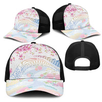 Hawaiian and Japanese Culture Together Mesh Trucker Cap Tribal Motifs with Lei and Japanese Sakura Pattern