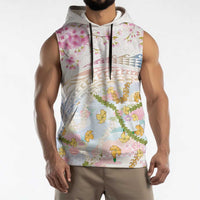 Hawaiian and Japanese Culture Together Sleeveless Hoodie Tribal Motifs with Lei and Japanese Sakura Pattern