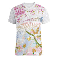 Hawaiian and Japanese Culture Together Women V-Neck T-Shirt Tribal Motifs with Lei and Japanese Sakura Pattern