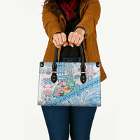 Hawaiian and Japanese Culture Together Leather Bag Tropical Honu with Japanese Elements Blue Color