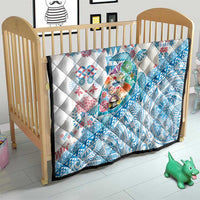Hawaiian and Japanese Culture Together Quilt Tropical Honu with Japanese Elements Blue Color