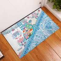 Hawaiian and Japanese Culture Together Rubber Doormat Tropical Honu with Japanese Elements Blue Color LT03 - Polynesian Pride