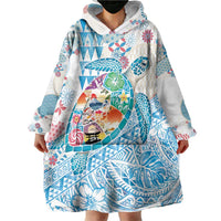 Hawaiian and Japanese Culture Together Wearable Blanket Hoodie Tropical Honu with Japanese Elements Blue Color