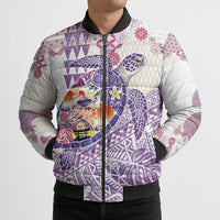 Hawaiian and Japanese Culture Together Bomber Puffer Jacket Tropical Honu with Japanese Elements Purple Color