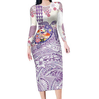 Hawaiian and Japanese Culture Together Family Matching Long Sleeve Bodycon Dress and Hawaiian Shirt Tropical Honu with Japanese Elements Purple Color LT03 Mom's Dress Purple - Polynesian Pride