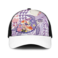 Hawaiian and Japanese Culture Together Mesh Trucker Cap Tropical Honu with Japanese Elements Purple Color