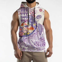 Hawaiian and Japanese Culture Together Sleeveless Hoodie Tropical Honu with Japanese Elements Purple Color