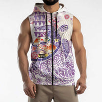 Hawaiian and Japanese Culture Together Sleeveless Zip Hoodie Tropical Honu with Japanese Elements Purple Color
