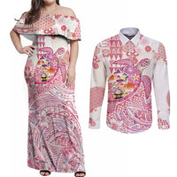 Hawaiian and Japanese Culture Together Couples Matching Off Shoulder Maxi Dress and Long Sleeve Button Shirt Tropical Honu with Japanese Elements Pink Color