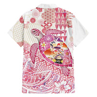 Hawaiian and Japanese Culture Together Family Matching Short Sleeve Bodycon Dress and Hawaiian Shirt Tropical Honu with Japanese Elements Pink Color