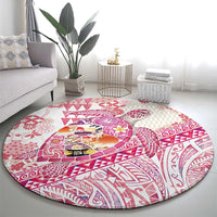 Hawaiian and Japanese Culture Together Round Carpet Tropical Honu with Japanese Elements Pink Color