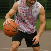 Hawaiian and Japanese Culture Together Sleeveless Hoodie Tropical Honu with Japanese Elements Pink Color