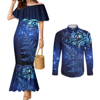 New Zealand Matariki Couples Matching Mermaid Dress and Long Sleeve Button Shirt Maori Pattern and Silver Fern LT03 Blue - Polynesian Pride