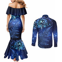 New Zealand Matariki Couples Matching Mermaid Dress and Long Sleeve Button Shirt Maori Pattern and Silver Fern LT03 - Polynesian Pride