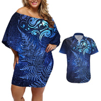 New Zealand Matariki Couples Matching Off Shoulder Short Dress and Hawaiian Shirt Maori Pattern and Silver Fern LT03 Blue - Polynesian Pride