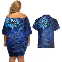 New Zealand Matariki Couples Matching Off Shoulder Short Dress and Hawaiian Shirt Maori Pattern and Silver Fern LT03 - Polynesian Pride