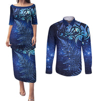 New Zealand Matariki Couples Matching Puletasi and Long Sleeve Button Shirt Maori Pattern and Silver Fern LT03 Blue - Polynesian Pride
