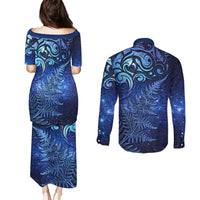 New Zealand Matariki Couples Matching Puletasi and Long Sleeve Button Shirt Maori Pattern and Silver Fern LT03 - Polynesian Pride
