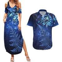 New Zealand Matariki Couples Matching Summer Maxi Dress and Hawaiian Shirt Maori Pattern and Silver Fern LT03 Blue - Polynesian Pride