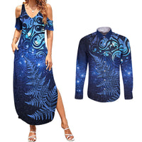New Zealand Matariki Couples Matching Summer Maxi Dress and Long Sleeve Button Shirt Maori Pattern and Silver Fern LT03 Blue - Polynesian Pride
