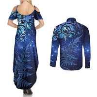 New Zealand Matariki Couples Matching Summer Maxi Dress and Long Sleeve Button Shirt Maori Pattern and Silver Fern LT03 - Polynesian Pride