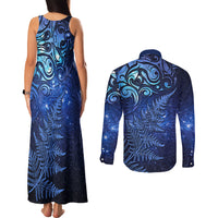 New Zealand Matariki Couples Matching Tank Maxi Dress and Long Sleeve Button Shirt Maori Pattern and Silver Fern