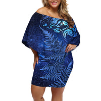 New Zealand Matariki Off Shoulder Short Dress Maori Pattern and Silver Fern LT03 Women Blue - Polynesian Pride