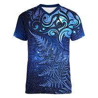 New Zealand Matariki Women V-Neck T-Shirt Maori Pattern and Silver Fern