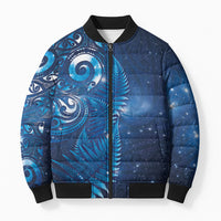Aotearoa New Zealand New Year Bomber Puffer Jacket Tribal Koru Tattoo Blue Galaxy Maori Silver Fern