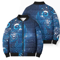 Aotearoa New Zealand New Year Bomber Puffer Jacket Tribal Koru Tattoo Blue Galaxy Maori Silver Fern