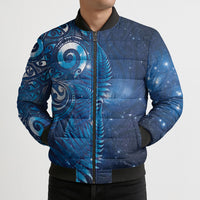 Aotearoa New Zealand New Year Bomber Puffer Jacket Tribal Koru Tattoo Blue Galaxy Maori Silver Fern