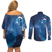 Aotearoa New Zealand New Year Couples Matching Off Shoulder Short Dress and Long Sleeve Button Shirt Tribal Koru Tattoo Blue Galaxy Maori Silver Fern