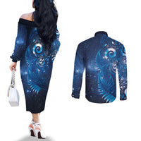 Aotearoa New Zealand New Year Couples Matching Off The Shoulder Long Sleeve Dress and Long Sleeve Button Shirt Tribal Koru Tattoo Blue Galaxy Maori Silver Fern