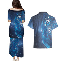 Aotearoa New Zealand New Year Couples Matching Puletasi and Hawaiian Shirt Tribal Koru Tattoo Blue Galaxy Maori Silver Fern