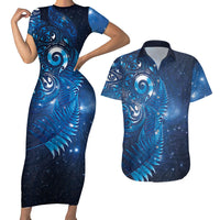 Aotearoa New Zealand New Year Couples Matching Short Sleeve Bodycon Dress and Hawaiian Shirt Tribal Koru Tattoo Blue Galaxy Maori Silver Fern