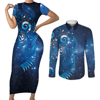 Aotearoa New Zealand New Year Couples Matching Short Sleeve Bodycon Dress and Long Sleeve Button Shirt Tribal Koru Tattoo Blue Galaxy Maori Silver Fern