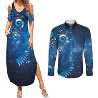 Aotearoa New Zealand New Year Couples Matching Summer Maxi Dress and Long Sleeve Button Shirt Tribal Koru Tattoo Blue Galaxy Maori Silver Fern