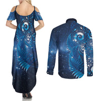 Aotearoa New Zealand New Year Couples Matching Summer Maxi Dress and Long Sleeve Button Shirt Tribal Koru Tattoo Blue Galaxy Maori Silver Fern